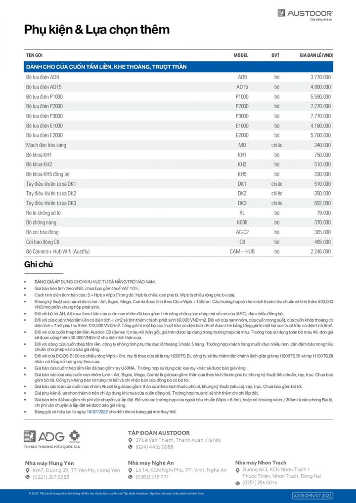 bảng giá phụ kiện cửa cuốn austdoor 2022