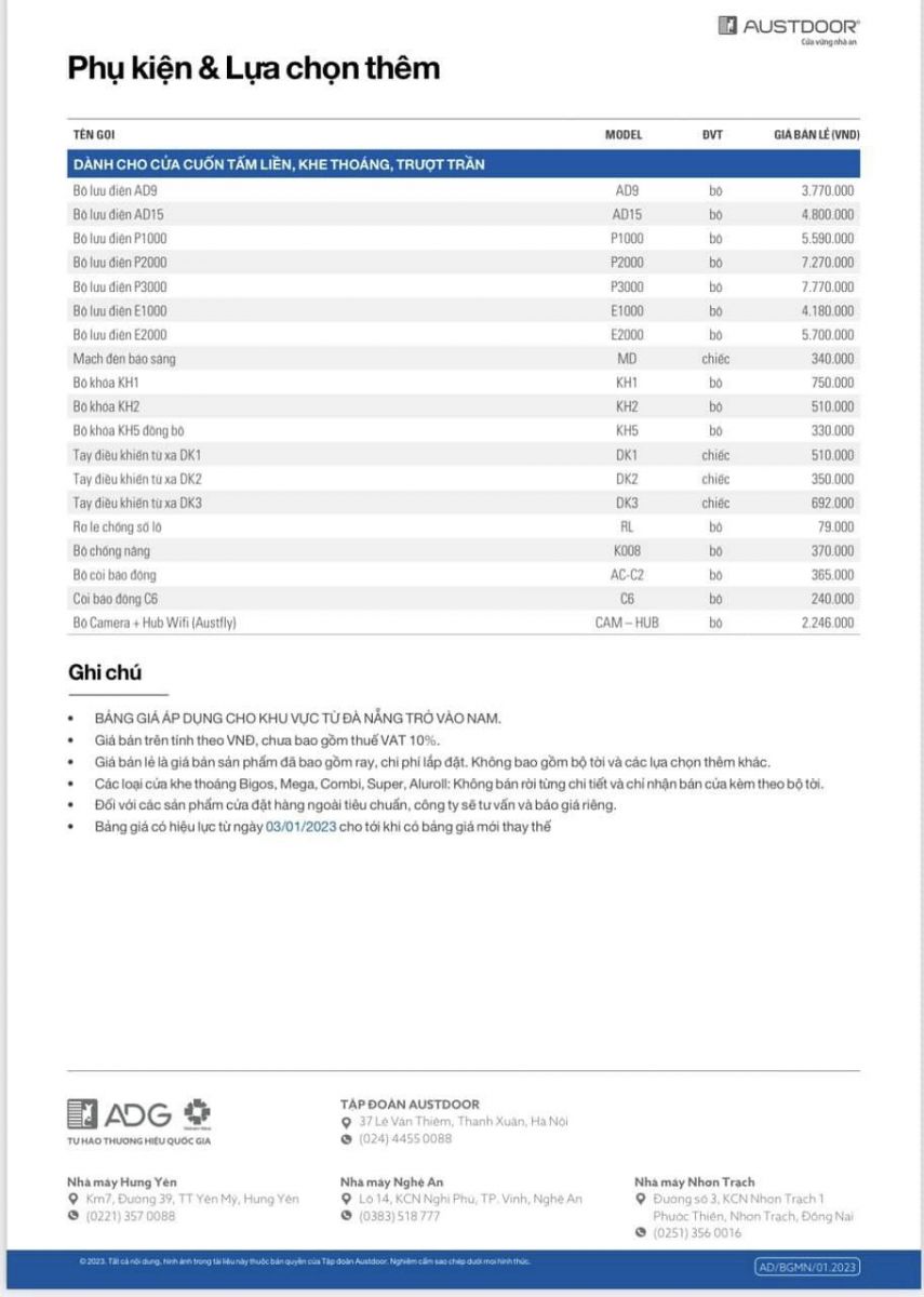 Bảng giá cửa cuốn Austdoor 2023-7