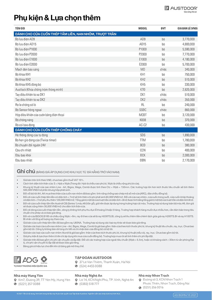 Bảng giá phụ kiện cửa cuốn Austdoor 2021