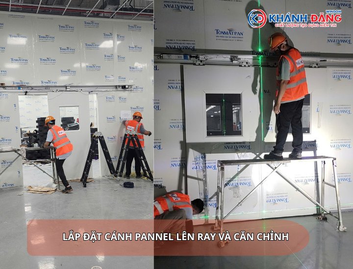 lắp đặt và điều chỉnh cánh cửa cho công trình cửa tự động phòng sạch bằng tấm Panel Rockwool chống cháy
